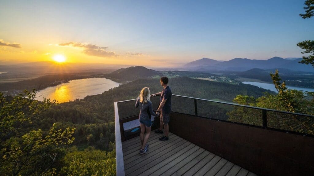 Paar auf Aussichtsplattform Kitzelberg blickt bei Sonnenuntergang auf Klopeiner See