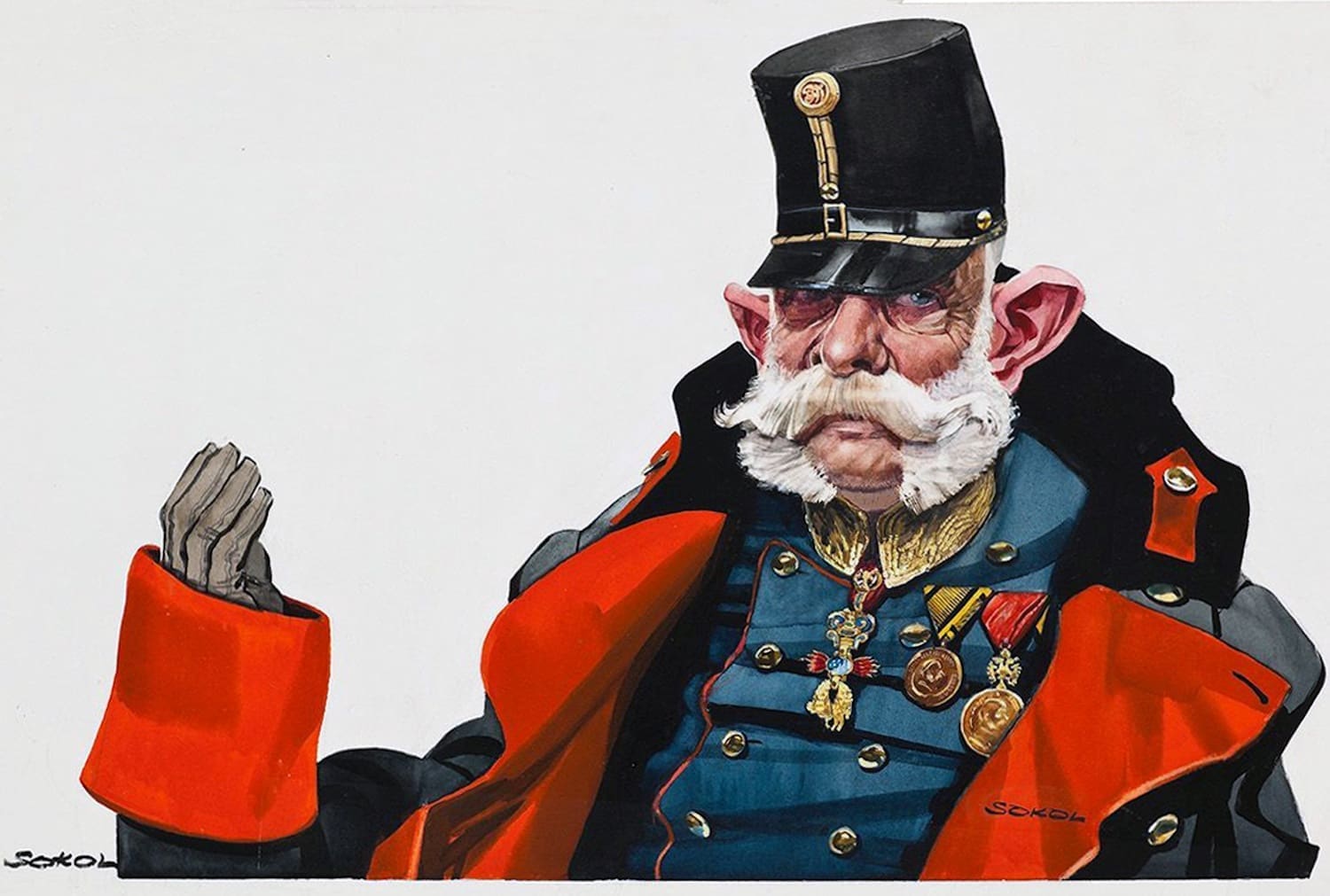 Kaiser Franz Joseph, gezeichnet von Erich Sokol, zu sehen in der Ausstellung „Der unsterbliche Österreicher“ © Annemarie Sokol/Landessammlungen NÖ