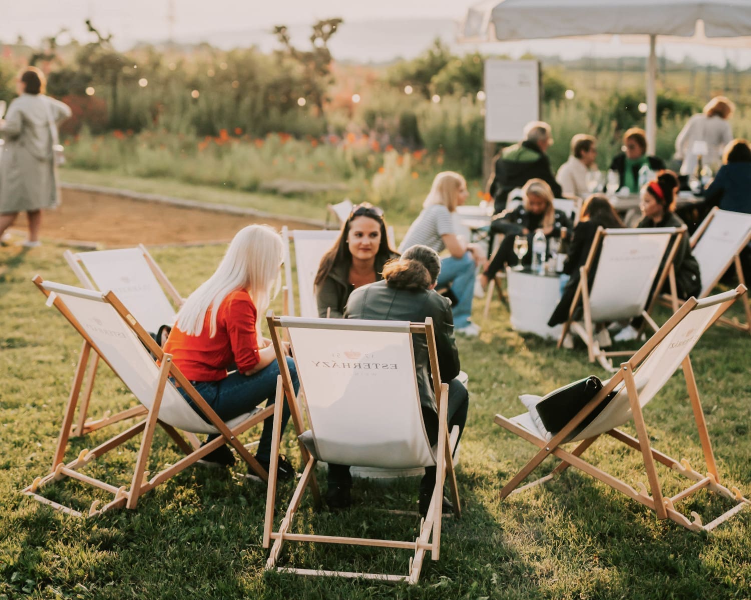 Damen mit Weinglas in der Hand im Liegestuhl bei Sonnenuntergang am Weingut Esterházy