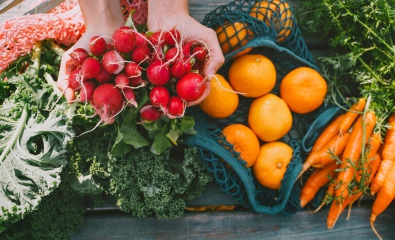 Orangen, Radieschen und Salat auf Holztisch