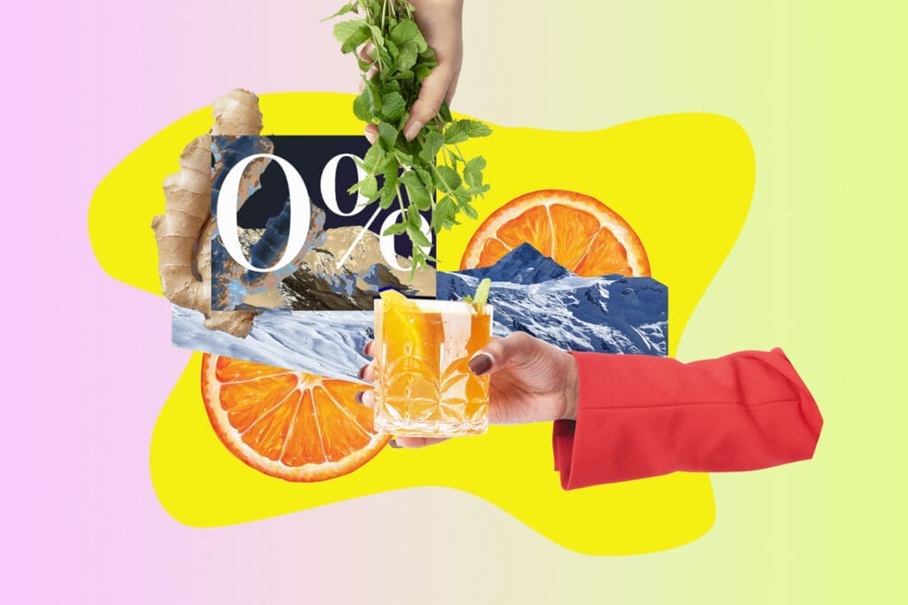 Bildcollage aus Zutaten eines alkoholfreien Cocktails