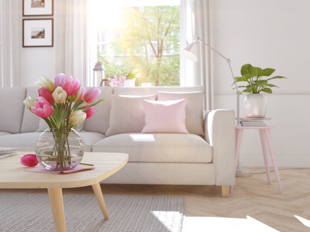 Helles Wohnzimmer mit Tulpen in einer Vase