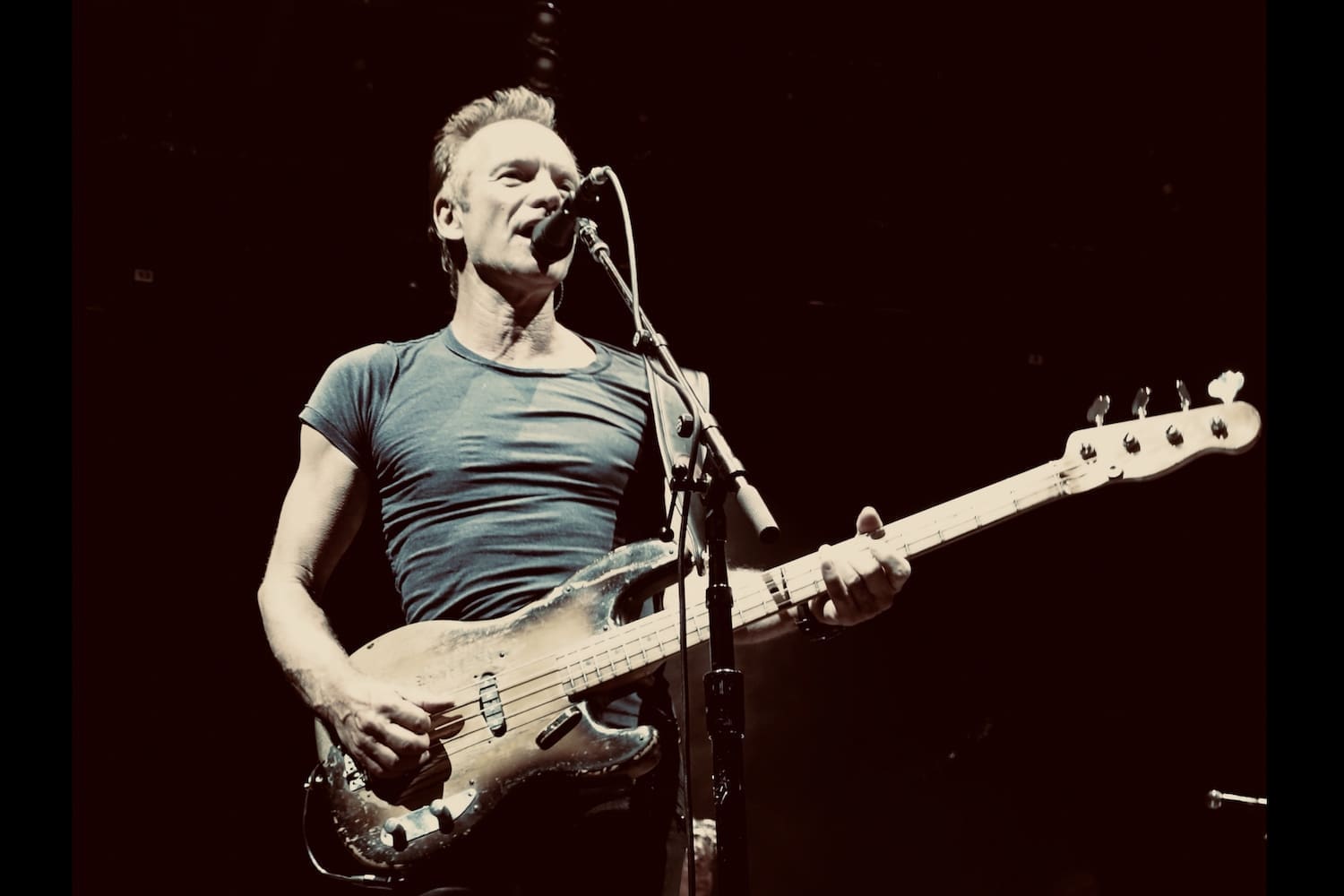 Der Musiker Sting mit Bassgitarre und Mikrofon auf einer Konzertbühne.