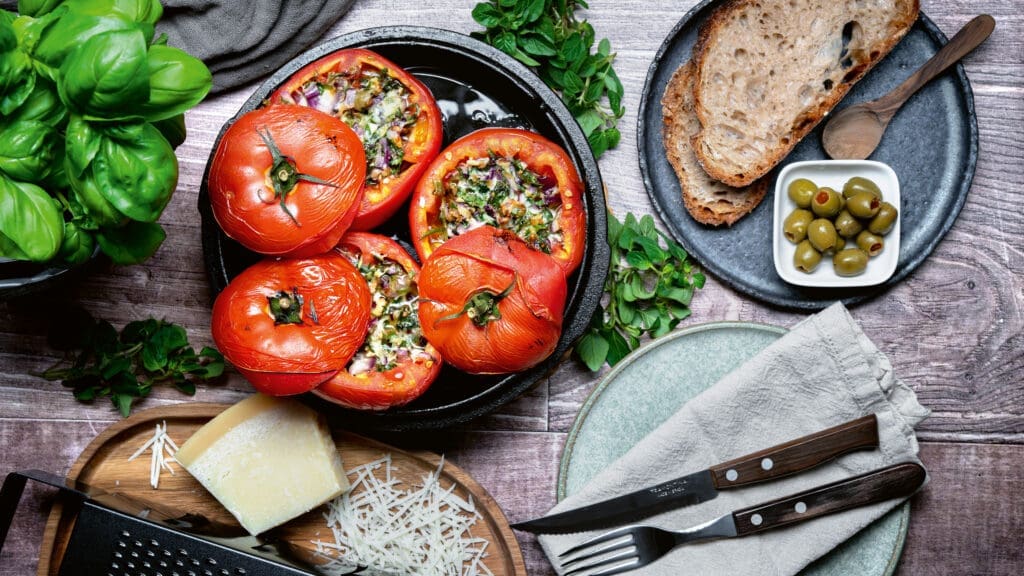 Gefülllte Tomaten auf einem Teller, daneben Parmesan, Basilikum, Brot und Oliven