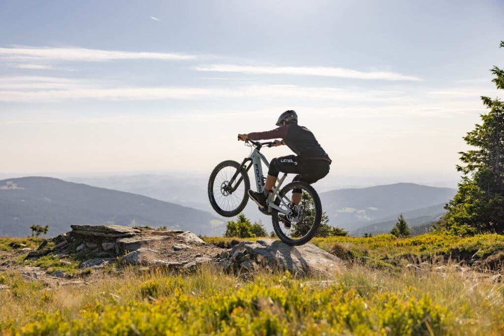 Eine Persön fährt auf einem Fahrrad und blickt auf ein Bergpanorama.