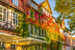 Haus am Ballhofplatz mit buntem Herbstlaub an der Fassade 