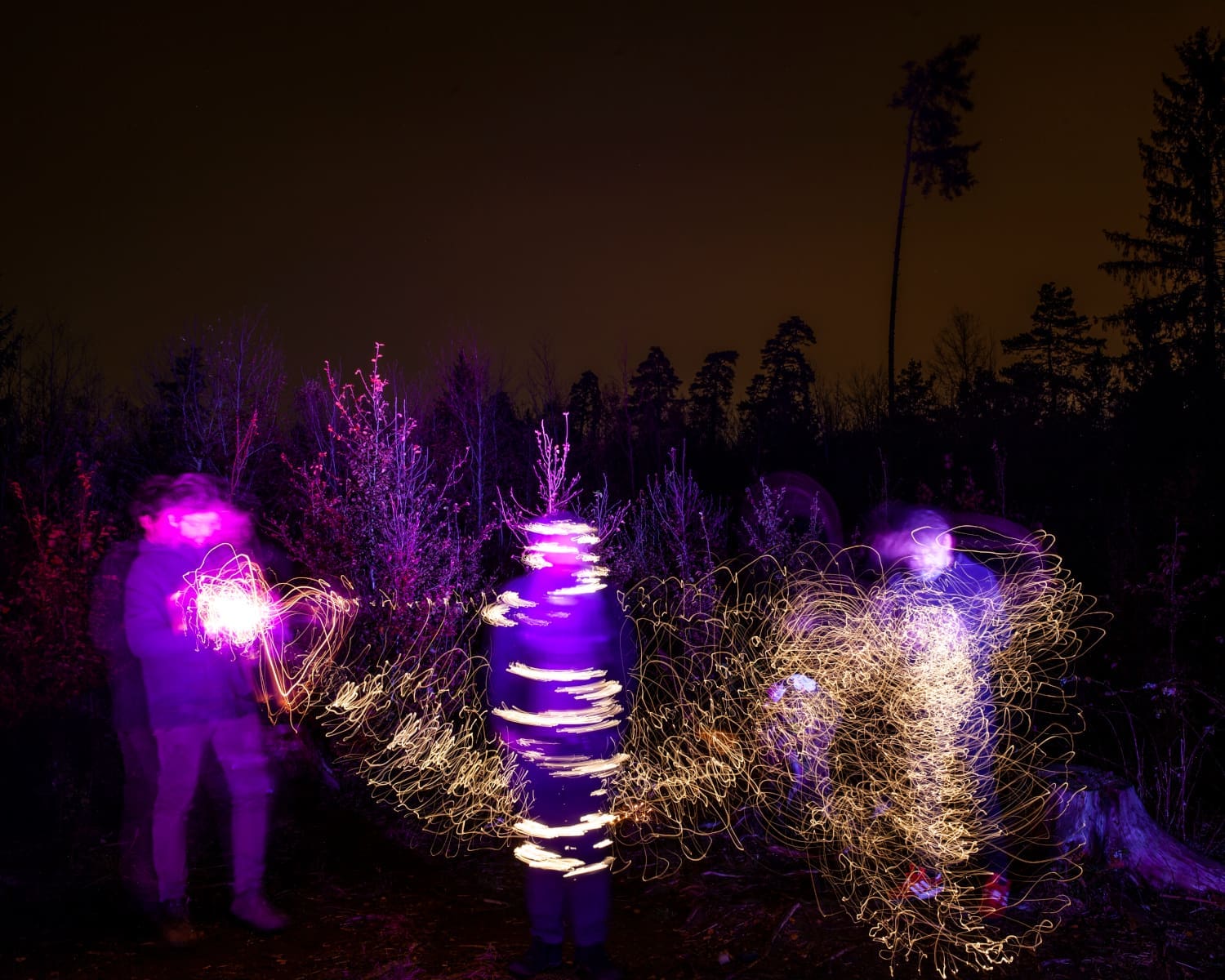 Pressefoto „The Notwist“, Personen werden im einem Wald stehend in Lichterketten eingewickelt