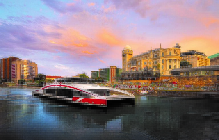 Twin City Liner bei Sonnenuntergang auf der Donau