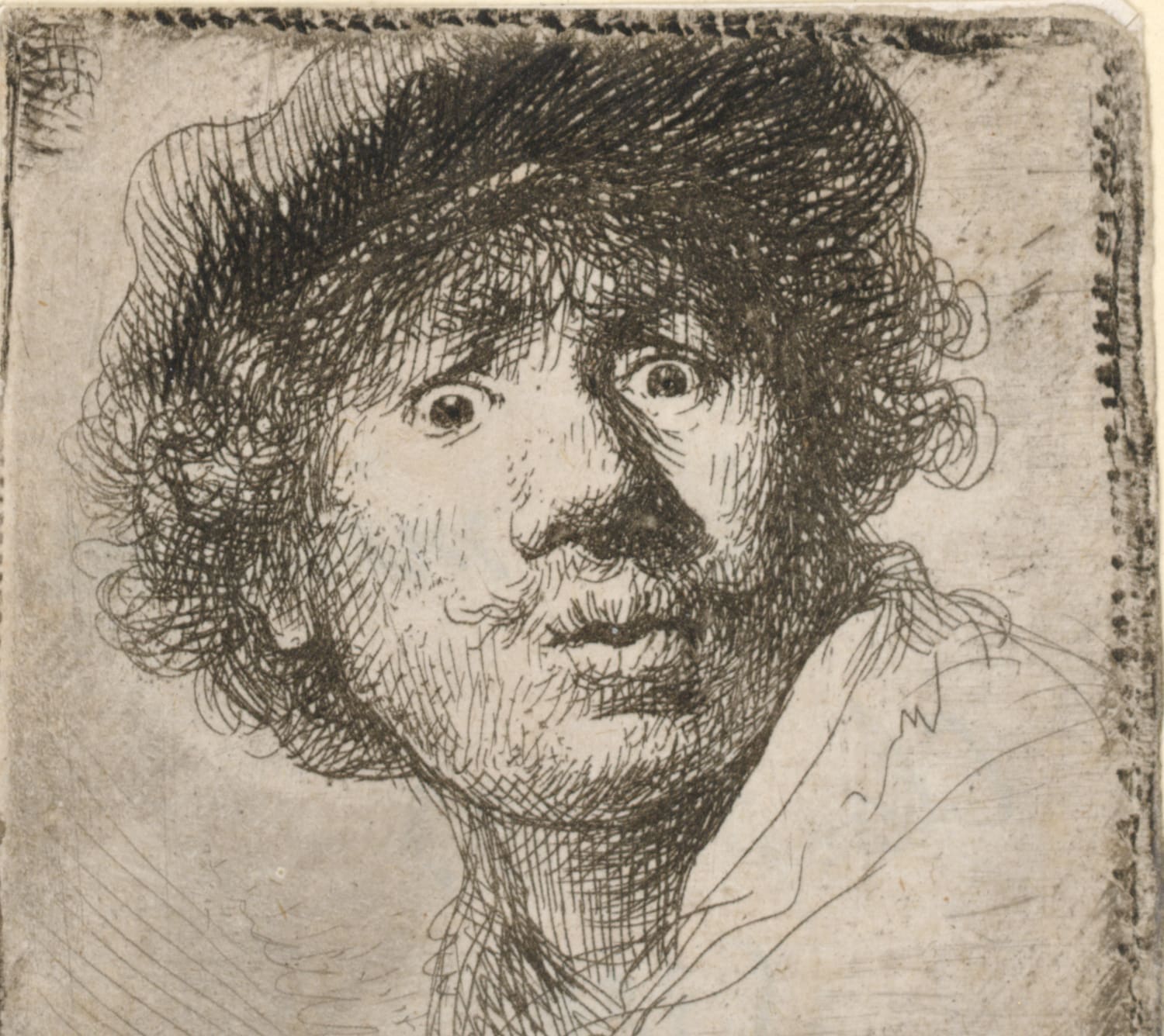 Rembrandt Harmensz. van Rijn, Selbstbildnis mit aufgerissenen Augen, 1630, 5,1 × 4,6 cm, Radierung und Kaltnadel