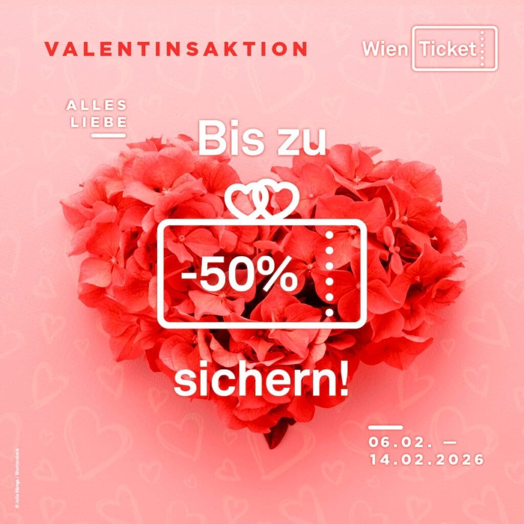 Herz aus Rosen mit Schriftzug „Valentinsaktion bis zu minus 50 Prozent“