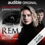 Frau und Mann vor schwarzem Auge, Hörbuchcover mit Titel