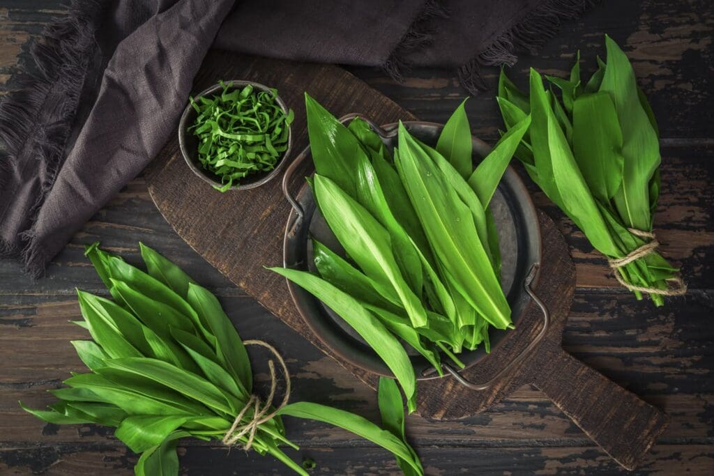 Bärlauch auf Schneidebrett vor braunem Hintergrund