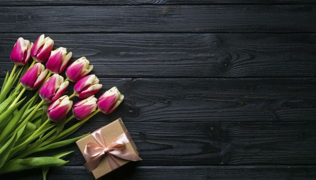 Blumen und Geschenke zum Muttertag auf schwarzem Holz